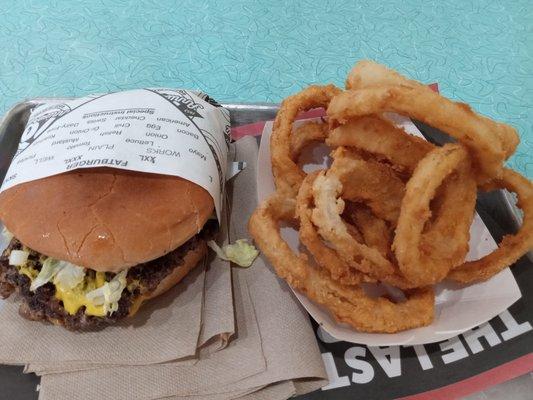 Burger and onion rings