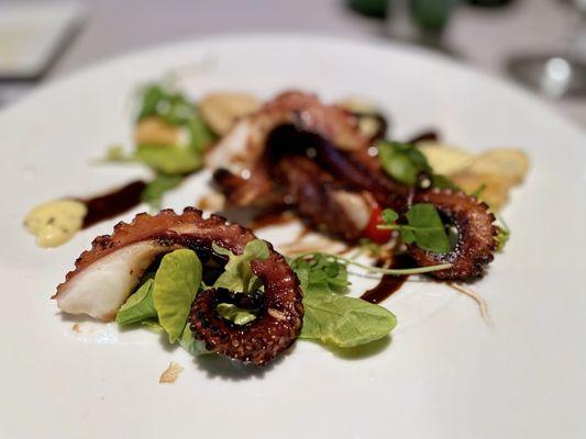 Charred Spanish Octopus baby watercress, peruvian peppers, tarragon aioli, black garlic emulsion