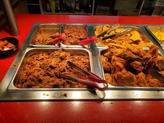 Buffet - pulled pork in front, chipped pork and chipped mutton behind, fried chicken