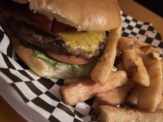 Bacon cheeseburger and fries