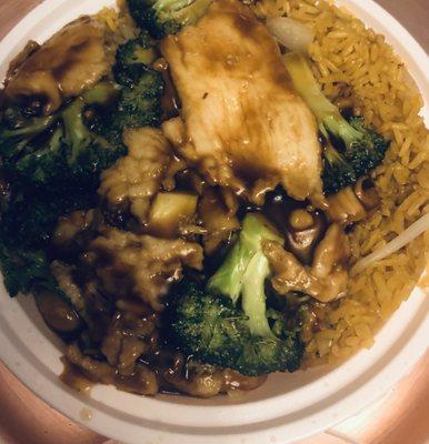 Chicken and broccoli with fried rice