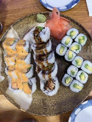 Spicy Salmon Roll, Shrimp Tempura Roll, Avocado