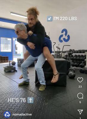 Me, now 77 years old, doing a series of squats with my trainer, Hunter Seide, aboard.