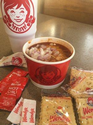 The only way to eat Wendy's chili: cheese, onions, their hot sauce, sour cream, and crackers.