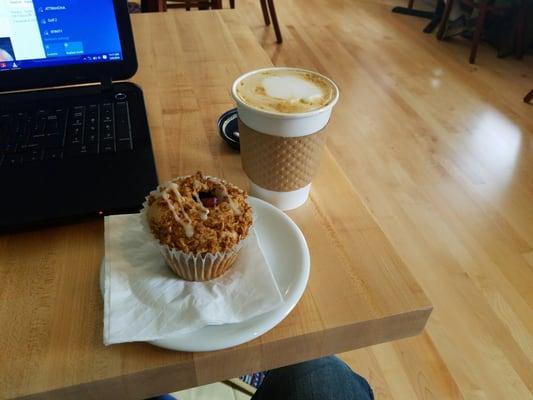 Honey latte and pear raspberry jam muffin! So delicious. This place seems like a really nice place to do work. Clean and friendly