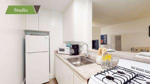 Kitchen in Studio at Villa Vicente Apartment Homes