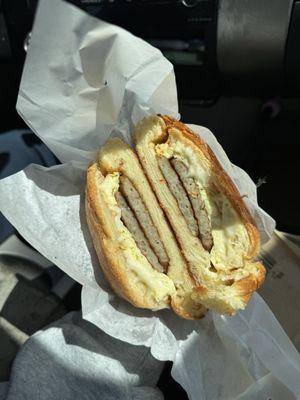 Egg, cheese and sausage on croissant