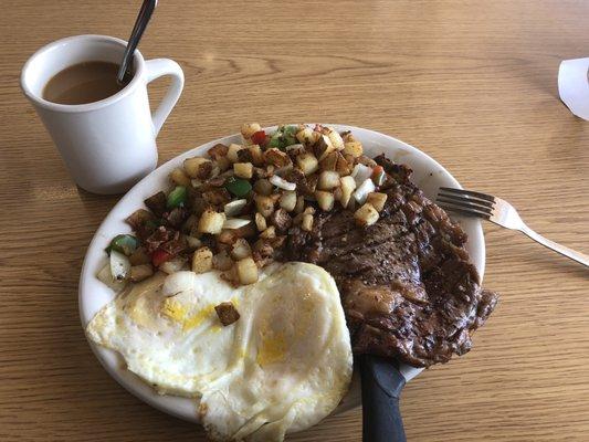 Steak (Medium) and Eggs (Overhard) with Potatoes O'brian.