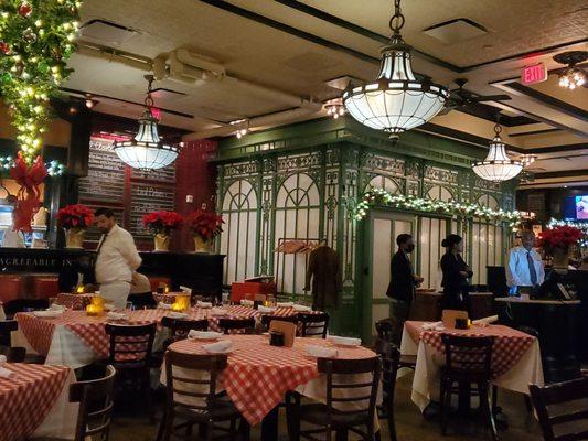 Dining area of P.J. Clarke's. With upside down Christmas tree.