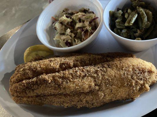 Fried catfish, green beans and coleslaw