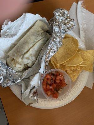 Small fajita burrito, chips and pico