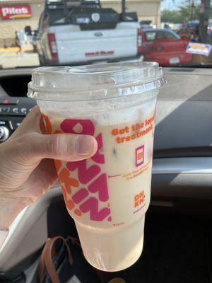 We ordered a large iced coffee with a turbo shot and just a "tiny splash" of cream, but got this topped with sweet foam.