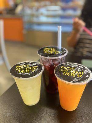 Lemonade, hibiscus lemonade, and passion fruit