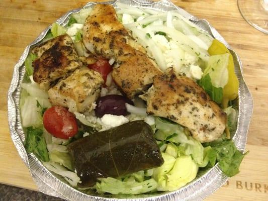 Grilled chicken. Greek salad. No dressing. Take out