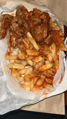 Four Wing Dinner with fries and slice of bread