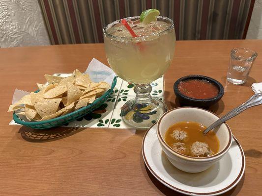 Albondiga soup, chips and salsa, and Cadillac margarita.