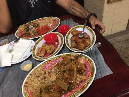 Oyster chicken, fried rice , cake noodles, shrimp canton, wonton and crispy pork