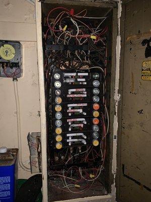 An electrical panel with breakers and backup fuses.