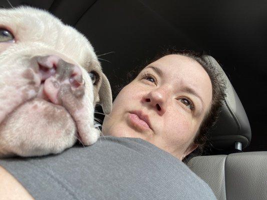 My Olde English Bulldogge puppy and I in our (paid off van) so you know we are real people.