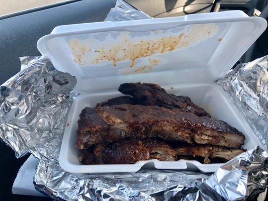 Half rack of ribs. Large ribs. Fall off the bone tender and well seasoned!