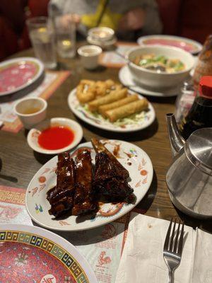 Beef ribs, egg rolls, fried shrimp, sizzling rice soup