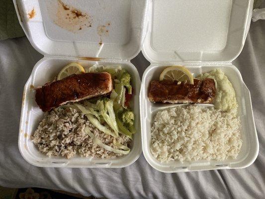 Salmón dinners with rice n peas, white rice, veggies and garlic mash- yum!