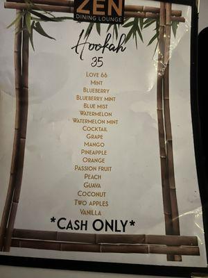 Hookah menu