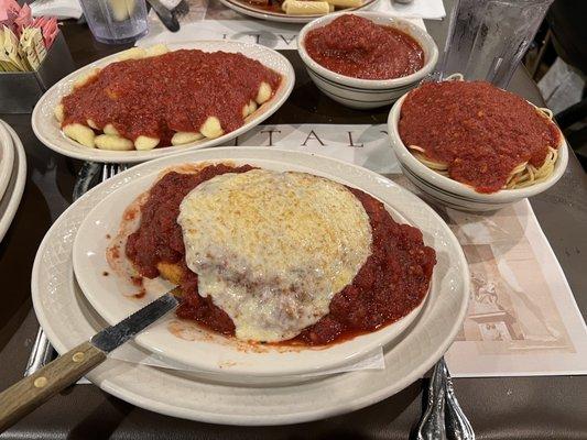 Chicken parm, spaghetti, gnocchi, meatball