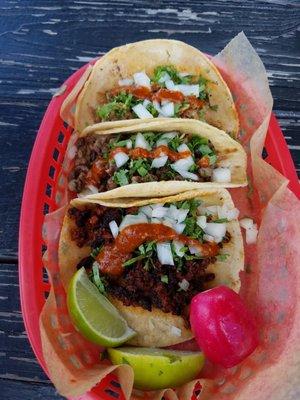 1st taco - Chorizo, and Yummy! 2nd taco - Carne asada -Good 3rd taco -Carnita... bland