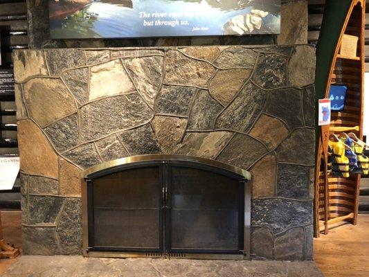 Large fireplace in the lodge's main room.