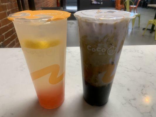 Fresh lemonade with strawberry popping pearl and lava pearl taro!