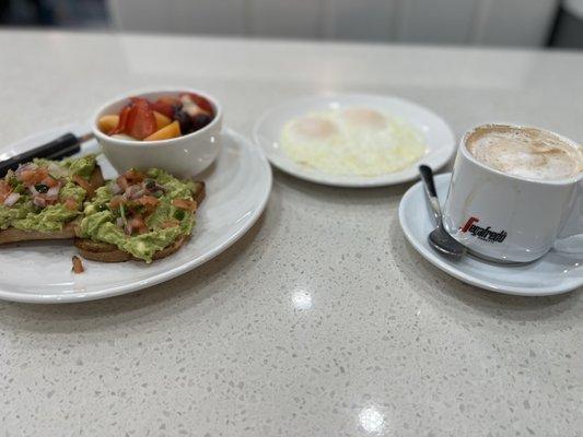 Gluten free avocado toast and a vanilla cappuccino