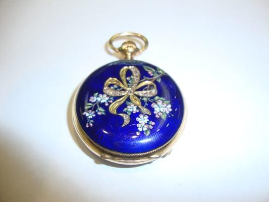 Estate Pocket Watch with Diamonds and Blue Enamel Finish.