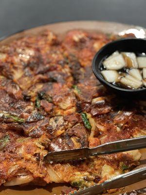 Beef ribs, chicken and kimchi pancake.