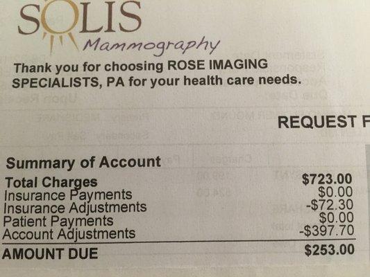 I received a bill for $723 then they adjusted it to $253. not a 3D mammo. This was regular screening.