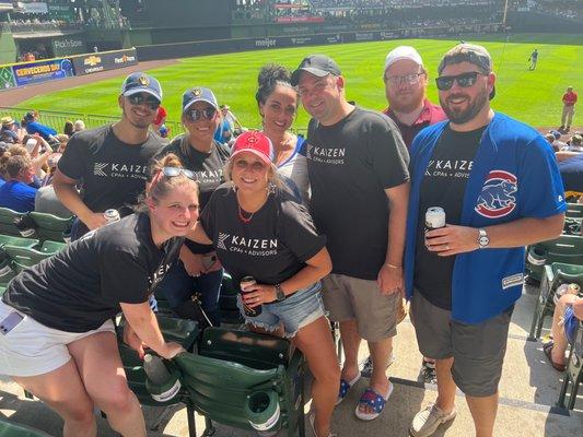 Team Kaizen members and family at a Cubs-Brewers game