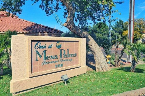 The Oasis at Mesa Palms wall sign, visible from Country Club Road on the left when travelling Northbound.