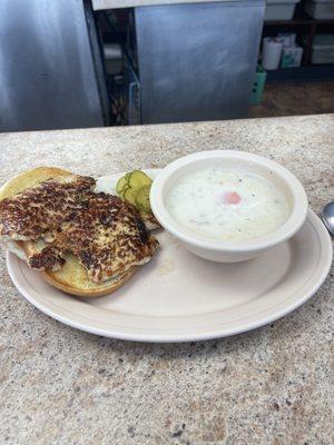 Chicken sandwich and potato soup