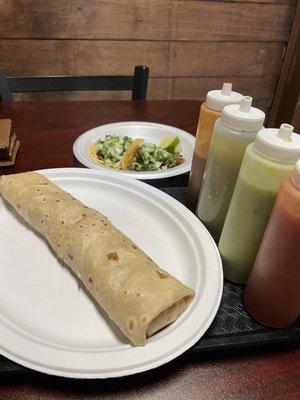 Breakfast burrito, pastor tacos