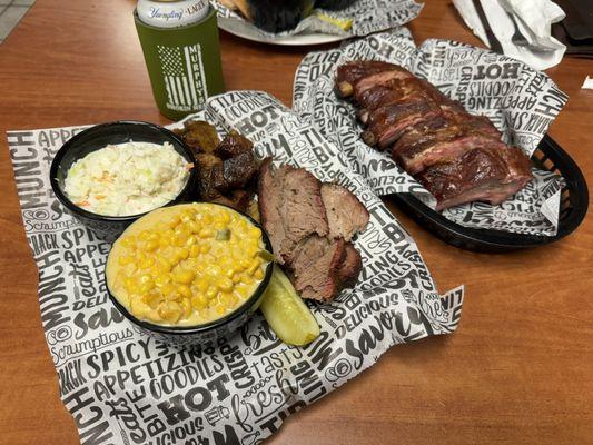 Jalapeño corn. Cole Slaw. Half Slab of Baby Back Ribs.   Brisket. Pork Belly Burnt Ends.