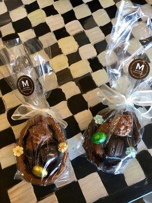 $18 Chocolate Egg Shells filled with foil-wrapped chocolates, salted caramels, and a coconut cluster