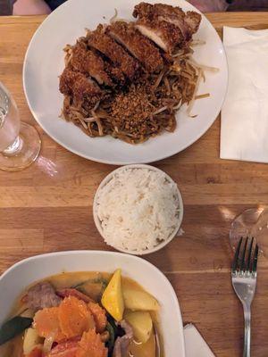 Crispy chicken pad thai and massaman curry