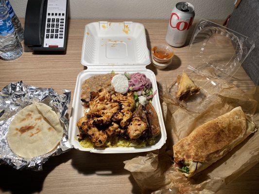 Chicken Kabob Plate, Baklava and Chicken Gyro.