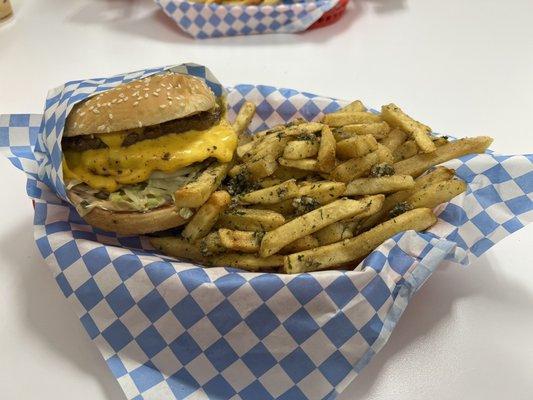 California Double with cheese and garlic fries