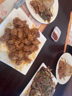 Dinner Sesame chicken and Mongolian beef