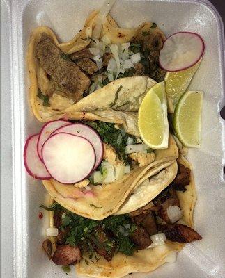 tacos (top to bottom)
 bistek, chicken, al pastor