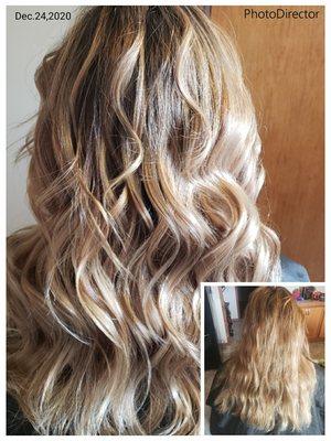 Balayage with shadow root, OLAPLEX included.  Trimmed hair and styled.  That shine though!!!