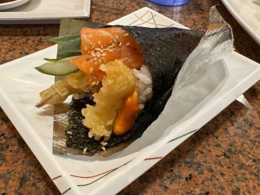 Salmon with cucumber and tempura shrimp