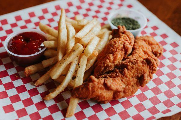 Chicken tenders and French fries.