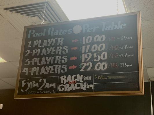 Pool rates per table, they charge by the minute.